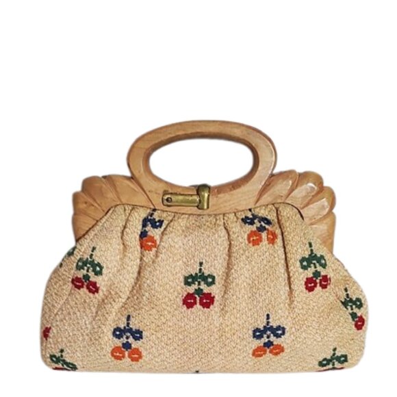 1930s Deco Vintage Tan Flowered Fabric Handbag With A Carved Wood Handle Paris - Picture 2 of 6